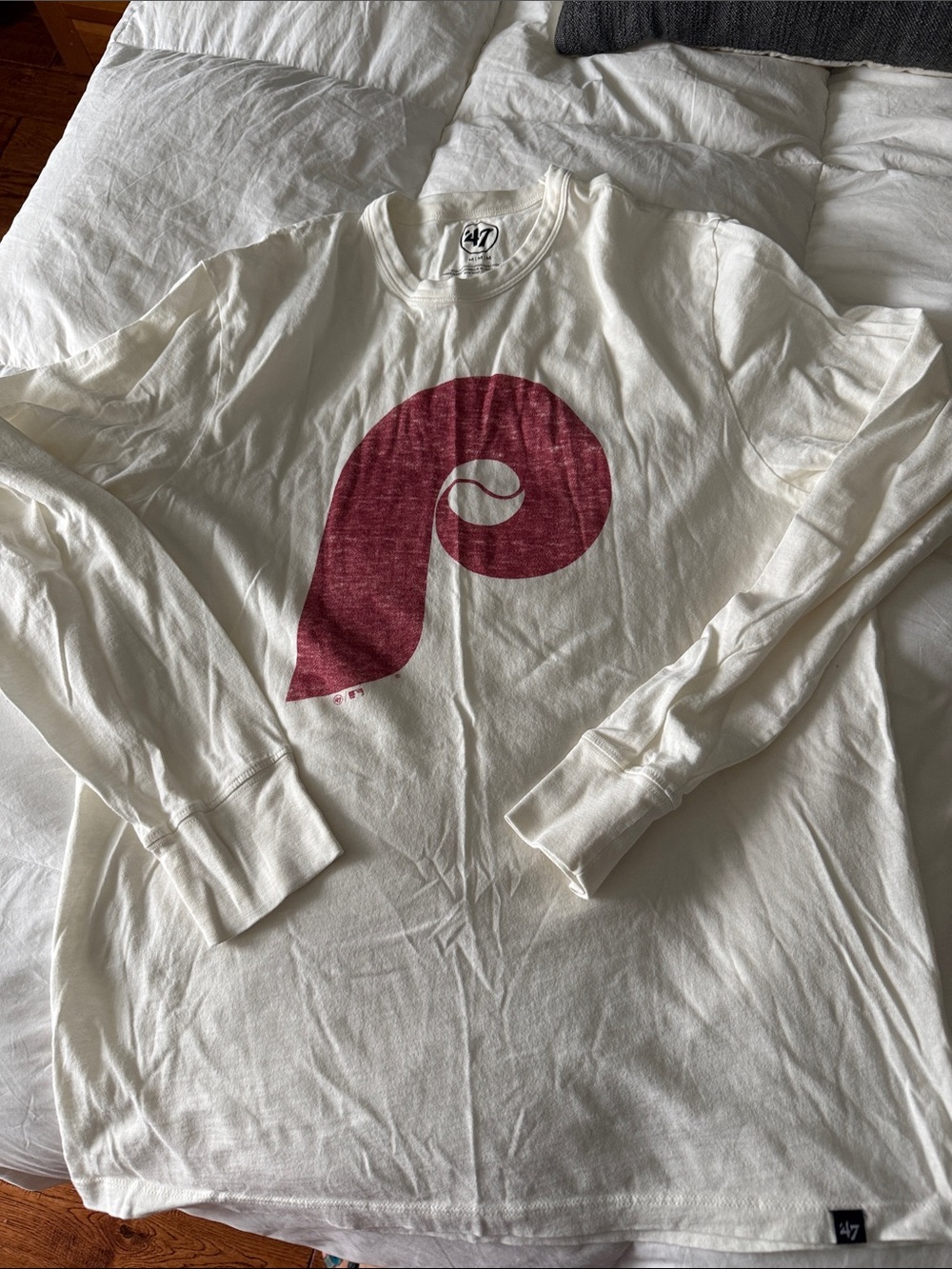 47 mens or womens White Long Sleeve Tee with Maroon Logo